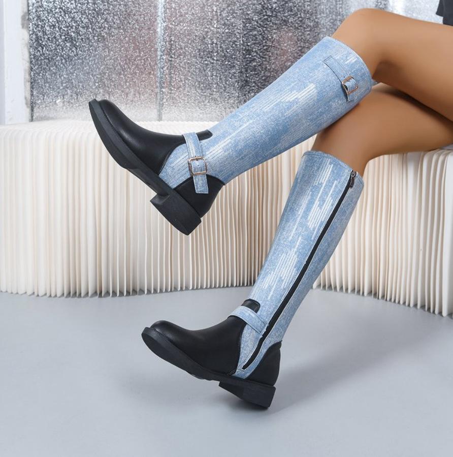 Autumn and winter European and American knee boots large size leather side zipper British style thin boots