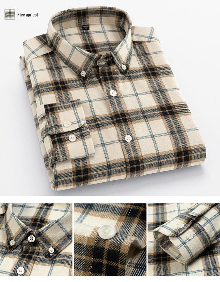 Brand Men's Pure Cotton Brushed Plaid Long Sleeve Shirt - High-End, Versatile, Casual, Thick Style for Youth