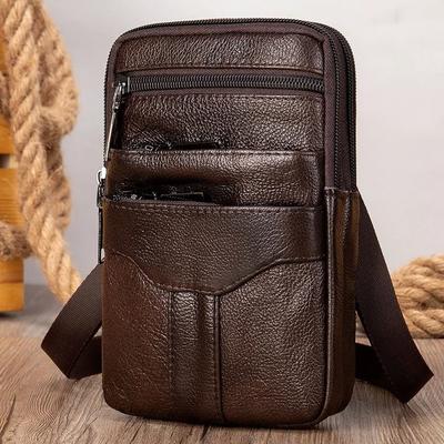 Pánská crossbody taška přes rameno z pravé kůže, kompaktní taška na rameno s dvojitým zipem a více kapsami na telefon, peněženku, cestovní nezbytnosti