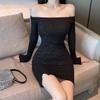One-word Shoulder Dress, Female Slim Body with Diamonds, Long Sleeves, Irregular Hip-wrapped Short Skirt, Early Autumn New Black Skirt
