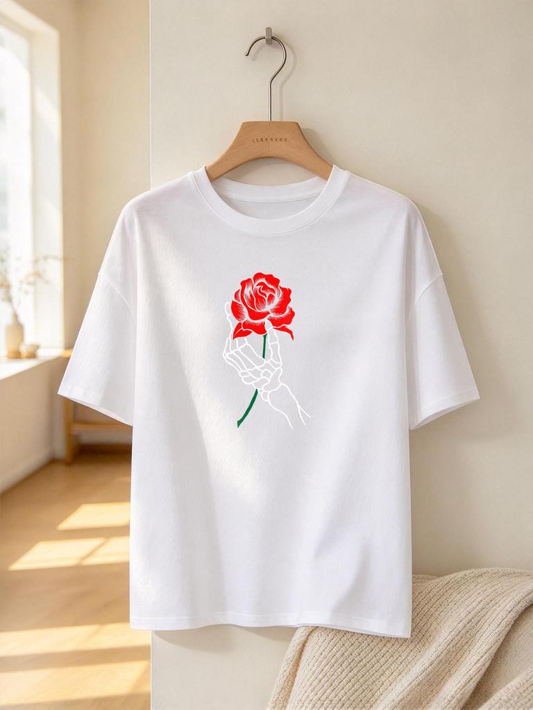 Skull Hand Rose Print Casual Soft Short Sleeve Fashion Comfortable Tops