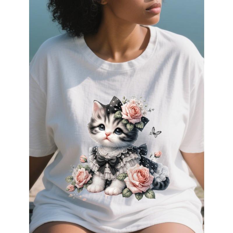 Women's Plus Size Round Neck Short Sleeve T-Shirt Cute Cat Floral Print Casual Home Street Fashion Top Black White