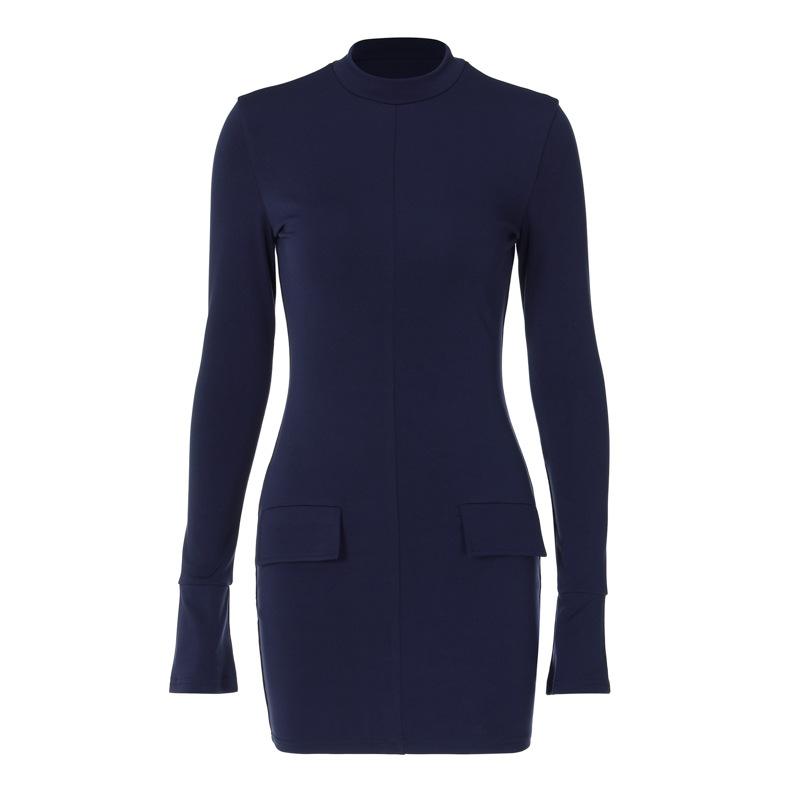 Women's Spring and Summer New Fashion Temperament Round Neck Long-sleeved Slim Thin Sexy Package Hip Dress