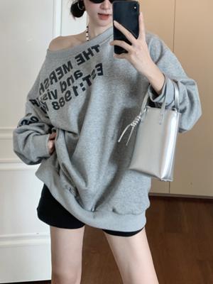 American Retro Diagonal Shoulder Loose T-shirt Women Y2k Letter Printing Design Long Sleeved Tops Autumn Korean Fashion Hight Street Casual Pullover