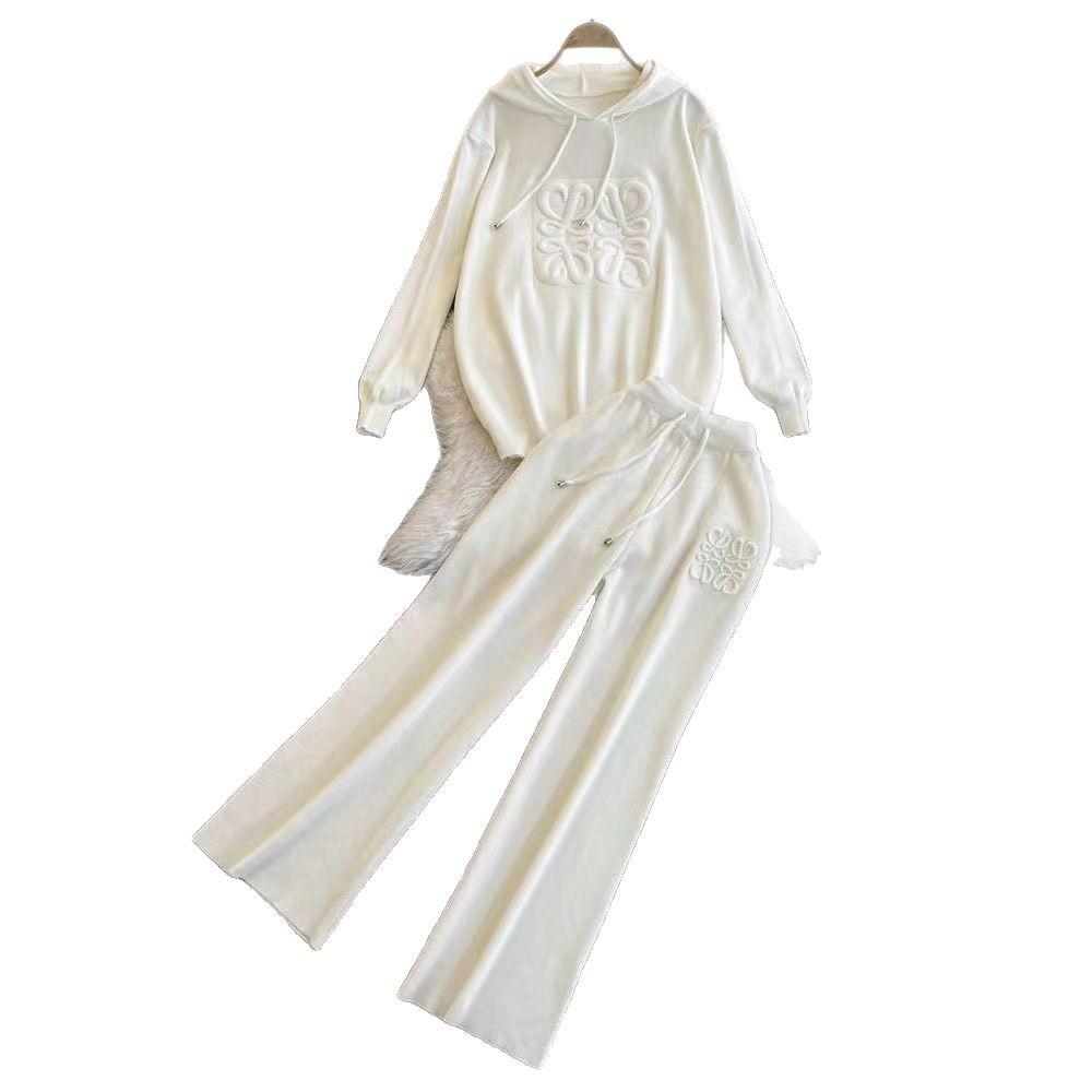 American 3D Heavy Industry Knit Hoodie & Wide-Leg Pants Set: Stylish, Simple Two-Piece