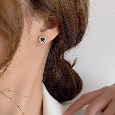 Pendientes de plata de ley S925 con incrustaciones de ónix negro para mujer, elegantes, retro, combinables