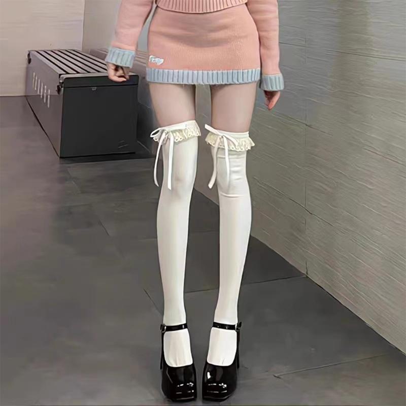 2pcs Ballet Knee High Socks with Bows Lace Top Ruffle Calf Socks Calf Tube Socks