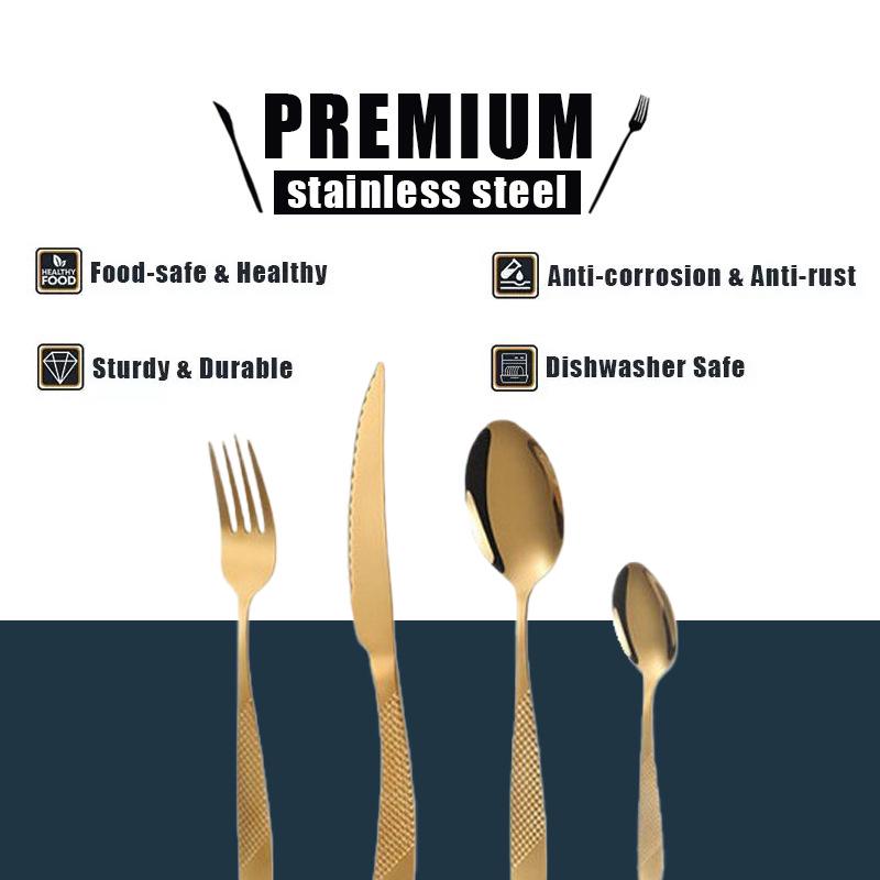 

Набор столовых приборов из нержавеющей стали с титановым покрытием, 24 предмета, с подставкой - включает нож для стейка, вилку и ложку Silver