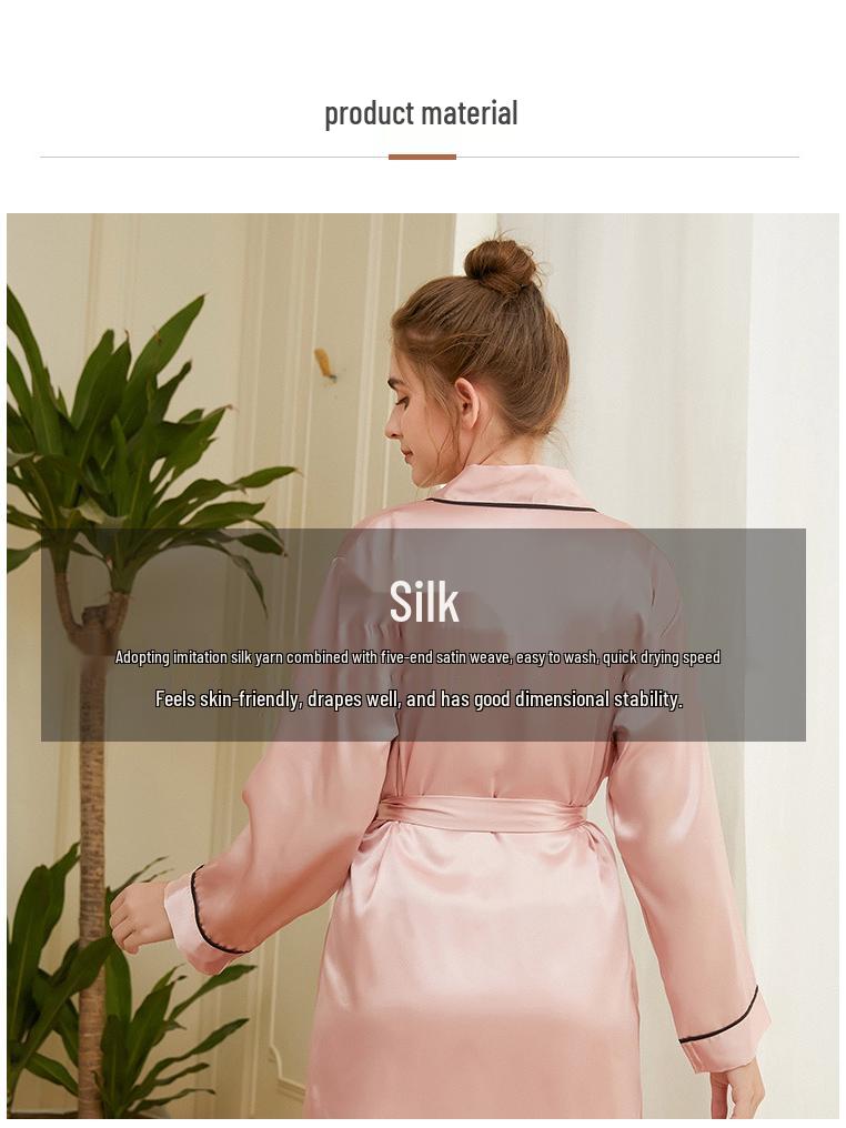 Robe Longo Feminino Gola V com Amarração na Cintura em Seda Sintética - Pijama Loungewear Primavera/Verão