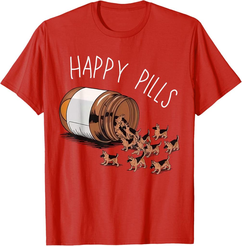 Happy Pills German Shepherd Dog Lovers Graphic Print TShirt Casual Wear Cotton Tee