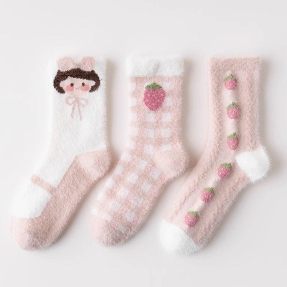 

3Pairs Cartoon Girl Mink Fur Socks Stripe Sleeping Socks Women Cute Winter Floor Socks Women