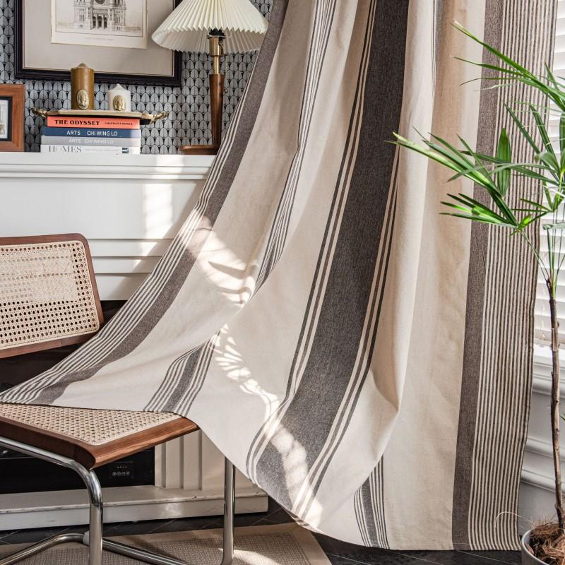 Cotton Linen Stripe Kitchen Curtain Semi-Sheer American Style Cafe Window Treatment Dining Room