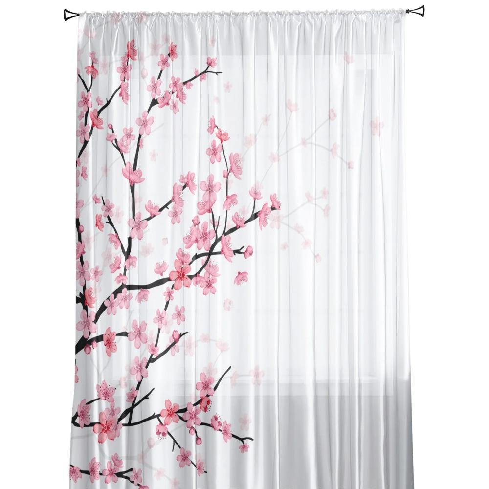 Spring Season Cherry Blossom Drapes for Living Room Bedroom Decoration Contemporary Chiffon Sheer Kitchen Window Curtain