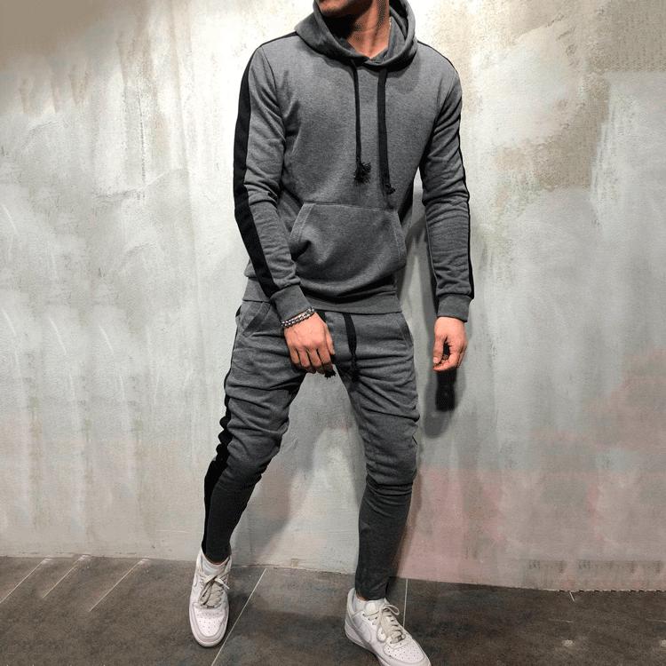 Men's Autumn New Arrival Hooded Patchwork Solid Color Sport Casual Hoodie Set