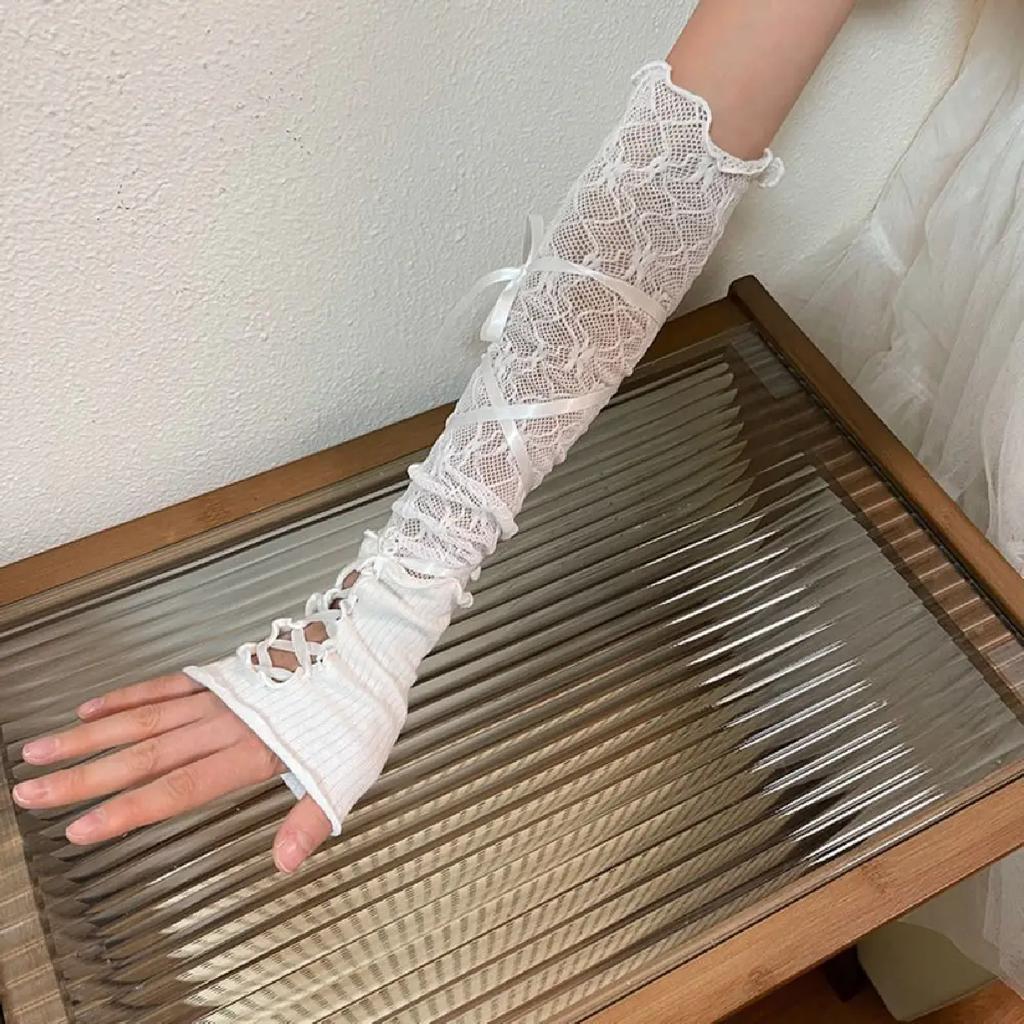 Women Lolita Jk Lace Fingerless Gloves Black Gothic DIY Strapping Sunscreen Sleeve Clothing Accessories Elastic Mesh Gloves 2055