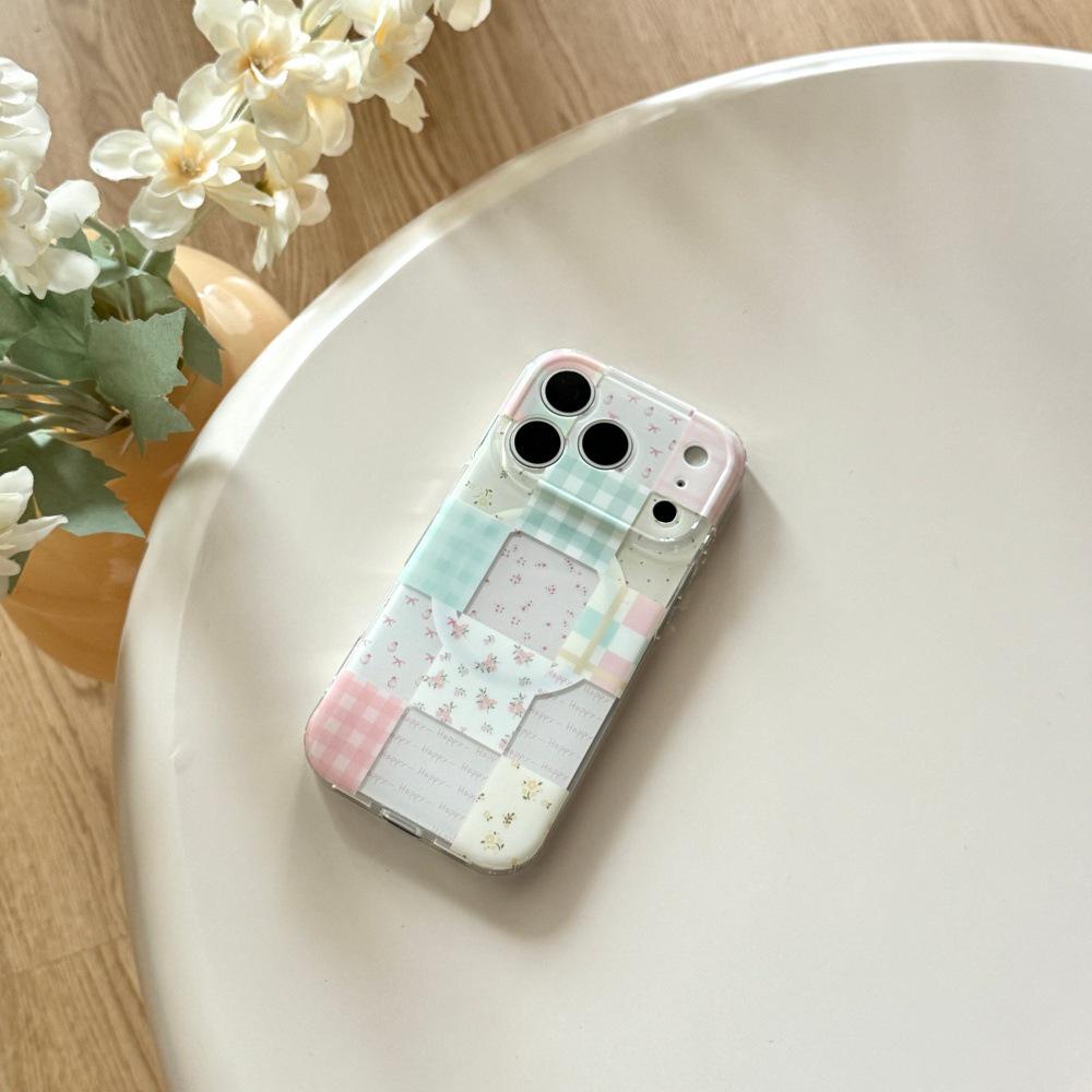 INS Korean Style Floral Plaid Patchwork Phone Case with Magnetic Adsorption for iPhone 17/17 Pro Max