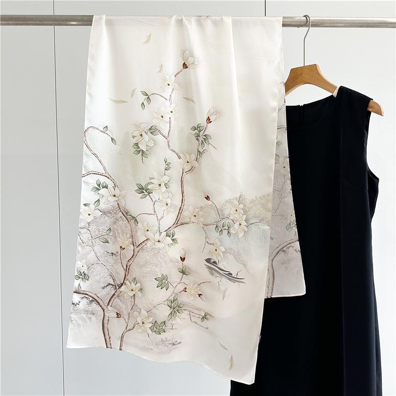 Temperament Magnolia Plain Crepe Satin Silk Long Silk Scarf Women's Spring Summer Temperament Versatile Decorative Mulberry Silk Scarf