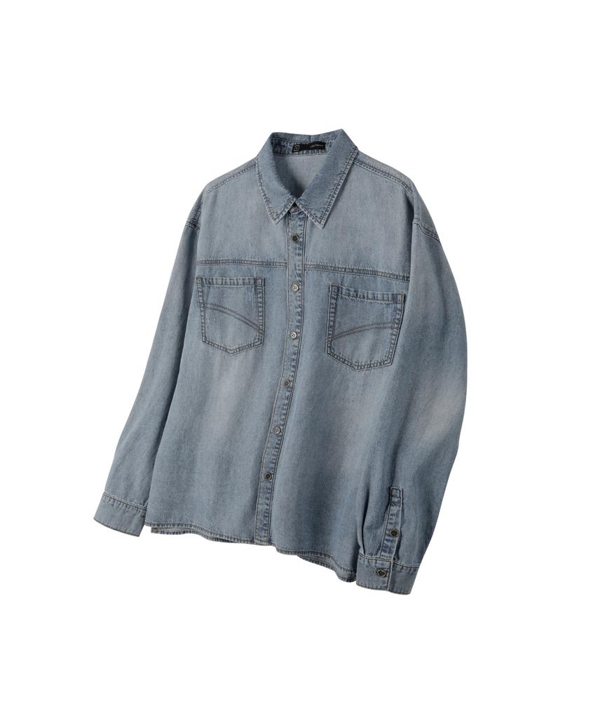 Ledeoli Stitch Two-Pocket Long Sleeve Denim Shirt [Black]