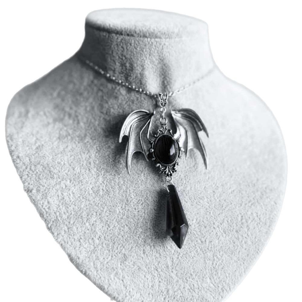 Retro Gothic Sliver Color Bat Wings Baroque Oval Ruby Crystal Conical Tassel Pendant Necklace for Women Halloween Party Jewelry