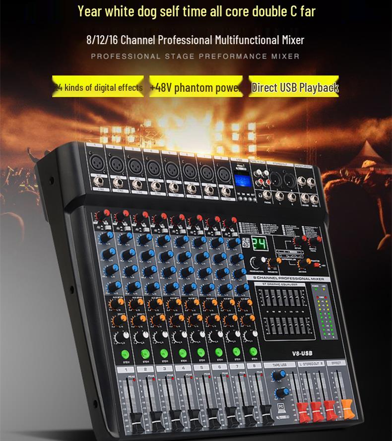 Professional Multi-Channel Mixer with Bluetooth 5.0, DSP Effects, USB, and Reverb for Stage and Wedding Performances