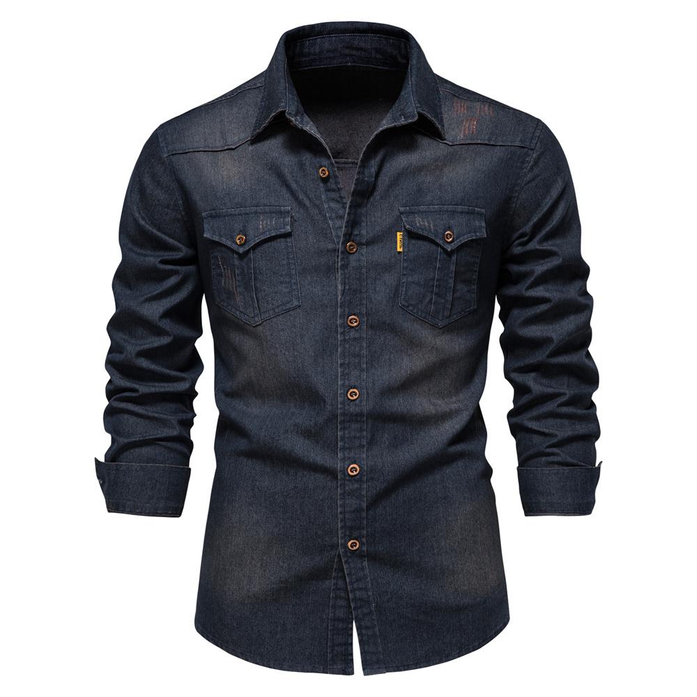 

Men s Long Sleeve Shirts 2026 New Autumn Elastic Cotton Denim Slim Shirts Men s Casual Tops Mens Jeans Shirts Designer Clothing USA S 50-60 kg темно-синий