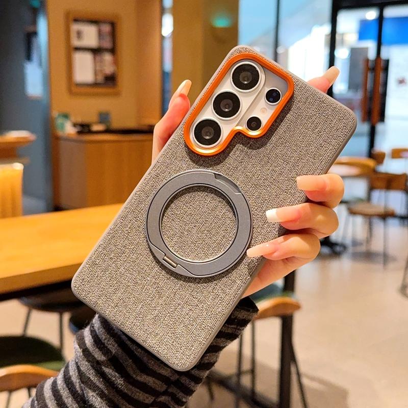 Linen Fabric Case for Samsung S26 Ultra S25 Plus S24 Ultra Magnetic Rotating Stand Metal Buttons Shockproof Soft Edge Cover