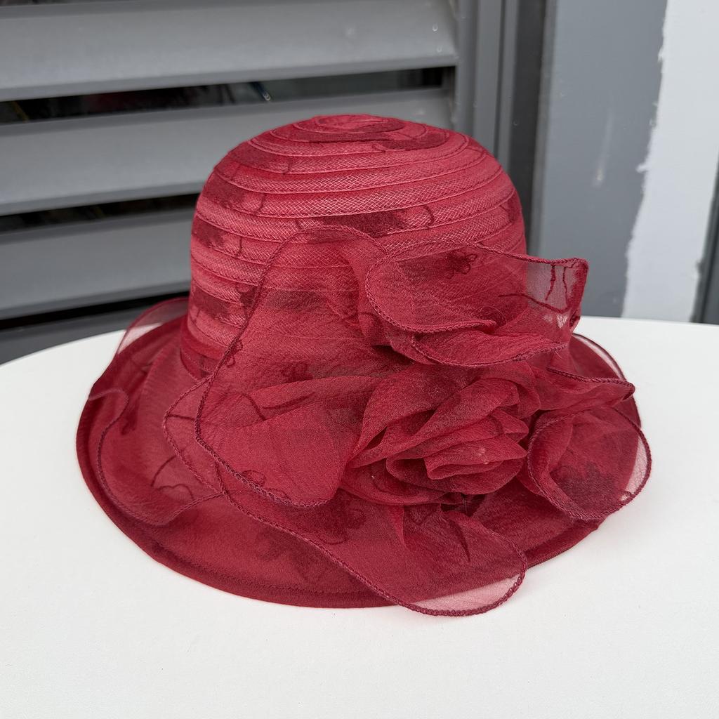 Hat Women's Summer Big Edge Mesh Yarn Hat British Retro Organza Flower Sun Hat Outdoor Sun Protection Beach Sun Hat