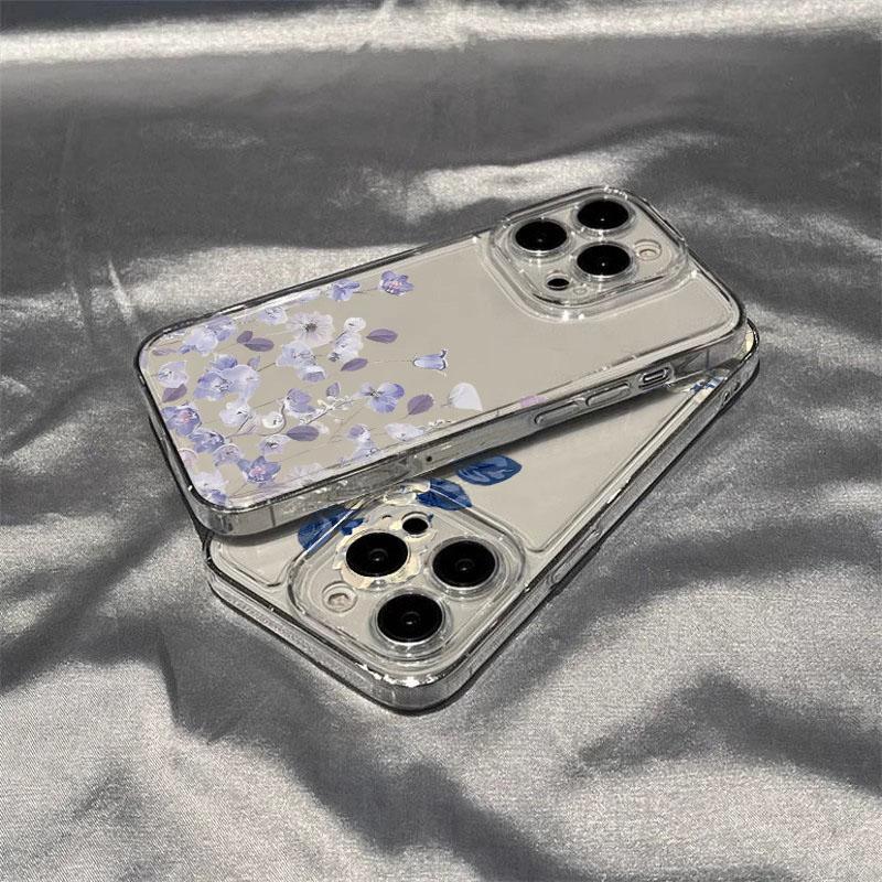 Blue Leaf White Flower Pattern Transparent Phone Case for Samsung Galaxy A56 A55 A35 A36 A15 S25 Ultra S24 FE S23 S22 Plus Cover