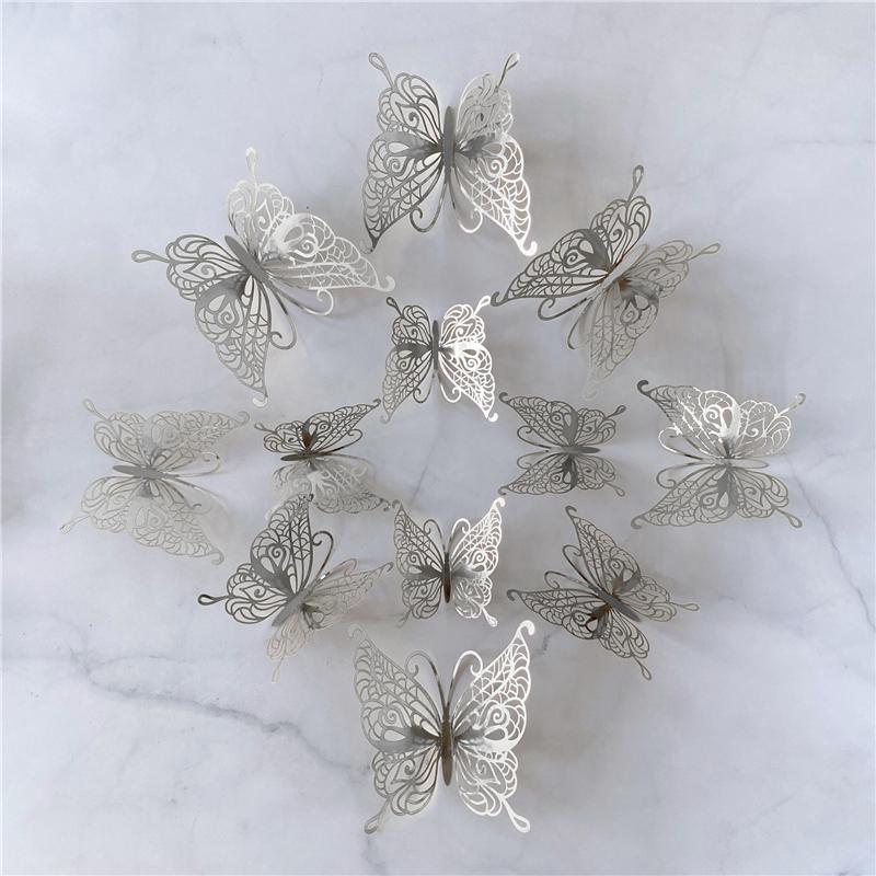 12Pcs/Set 3D Hollow Butterfly Wall Sticker Gold Silver Rose Wedding Decoration Living Room Home Decor Butterflies Decal Stickers KTY