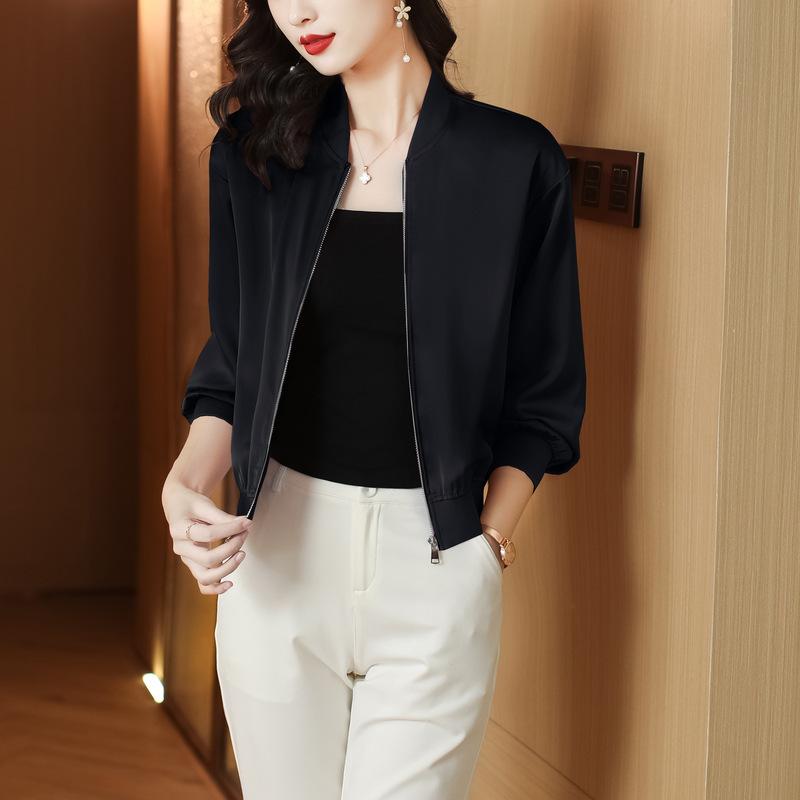 

Шелковые короткие куртки женские пальто свободная атласная верхняя одежда однотонная ткань молния бейсбольная куртка весна-осень женская куртка S чёрный