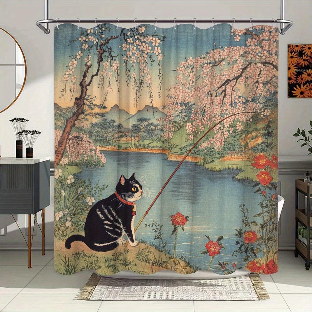 Whimsical Cat and Autumn Leaves Shower Curtain - Charming Bath Decor, Perfect for Those Who Love Cute and Seasonal-Inspired