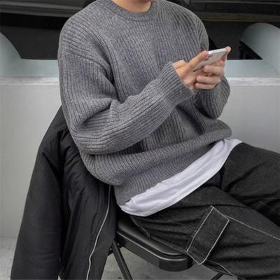 Korean Ins Style Mens Loose Round Neck Gray Knit Sweater
