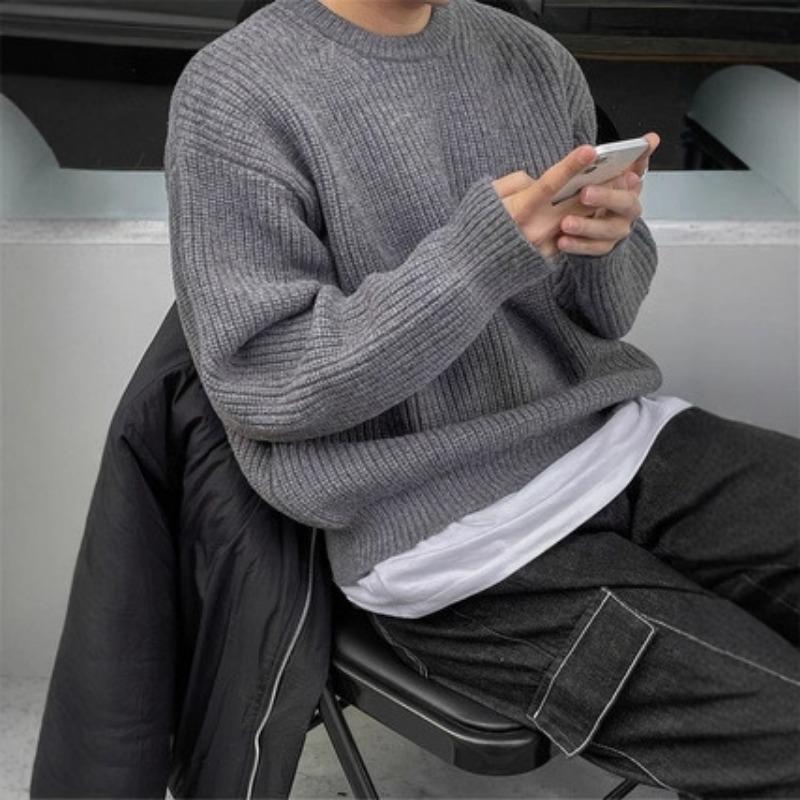 Korean Ins Style Mens Loose Round Neck Gray Knit Sweater