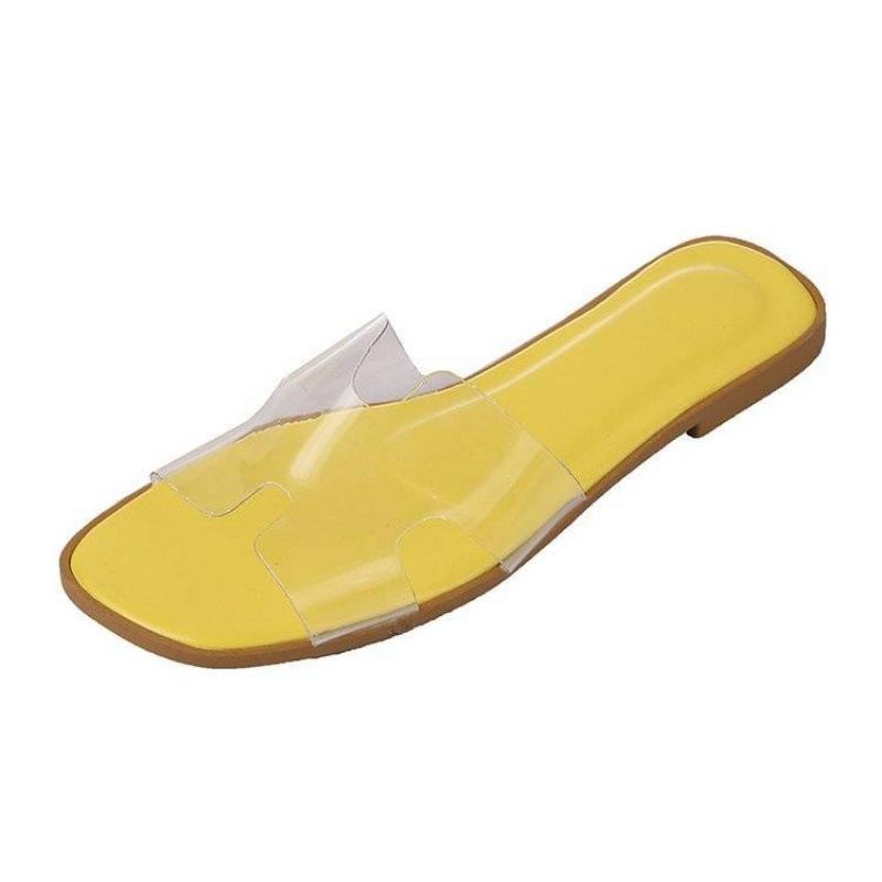 Summer new women's shoes one word fashion Korean version transparent jelly cool slippers flat bottom women's square head slippers women