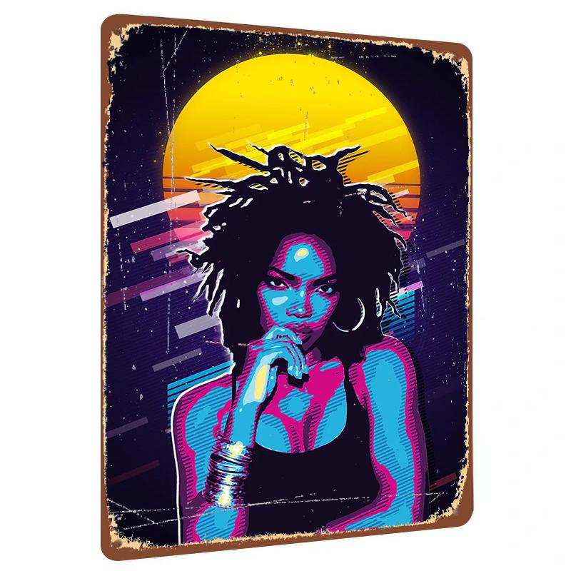 African Reggae Girl Neon Art Metal Poster Retro Pop Home Decor Wall Hanging Exclusive 20x30cm（7.8x11.8inch）