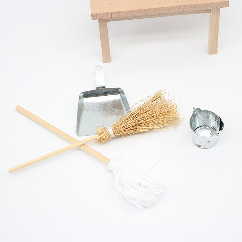 1/12 Dollhouse Dustpan Mop Metal Pail Kit Dollhouse Mini Cleaning Tool Accessories Dolls House Decor Pretend Play Toy