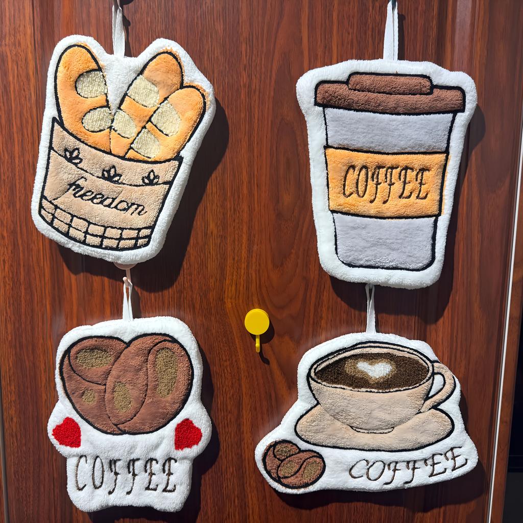 4 soft quick drying hand towels -super absorbent, modern pattern, perfect bathroom and kitchen supplies, cute coffee pattern, your best choice