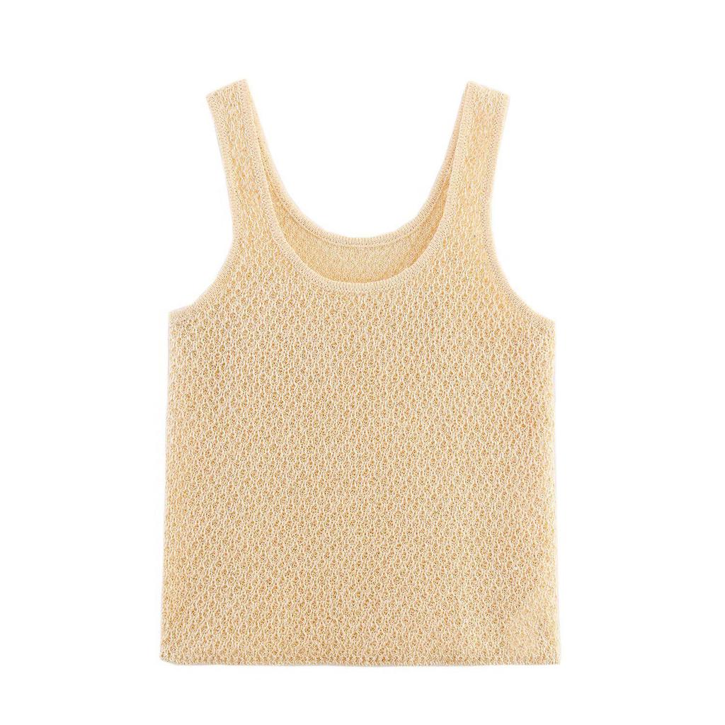 French Elegant Vest 2026 Summer New Women's Fashion Style Simple Bead Decoration Round Neck Vintage Short Sleeve Knitted Tops