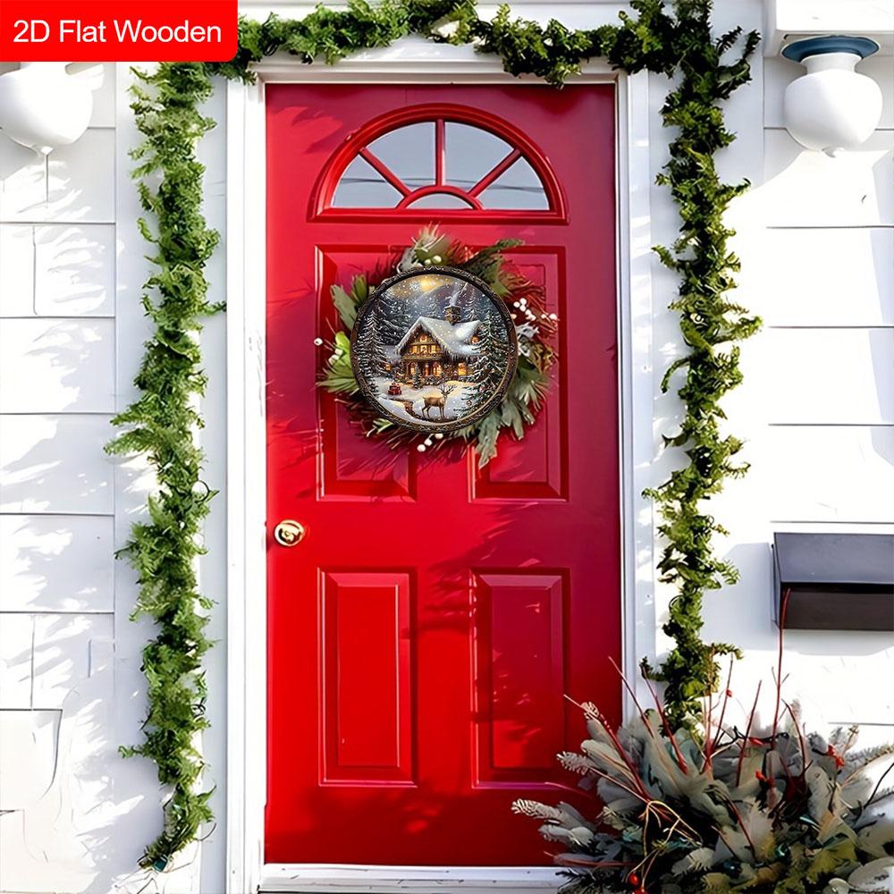 Warm Winter Christmas Wooden Sign with Elk & Snow House Pattern - Merry Christmas Round Sign for Front Door, Wall Hanging Decor - Ideal Christmas Gift