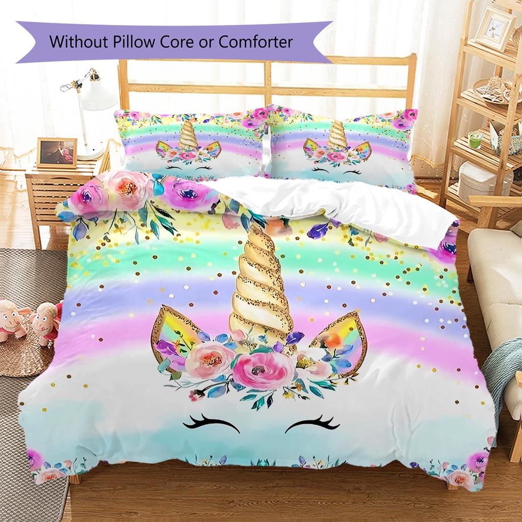 Colorful Uni-horse Pattern Bedding Quilt Set Quilt Cover Pillowcase Home Decoration Gift (1 * duvet cover + 2 * pillowcase, without core)