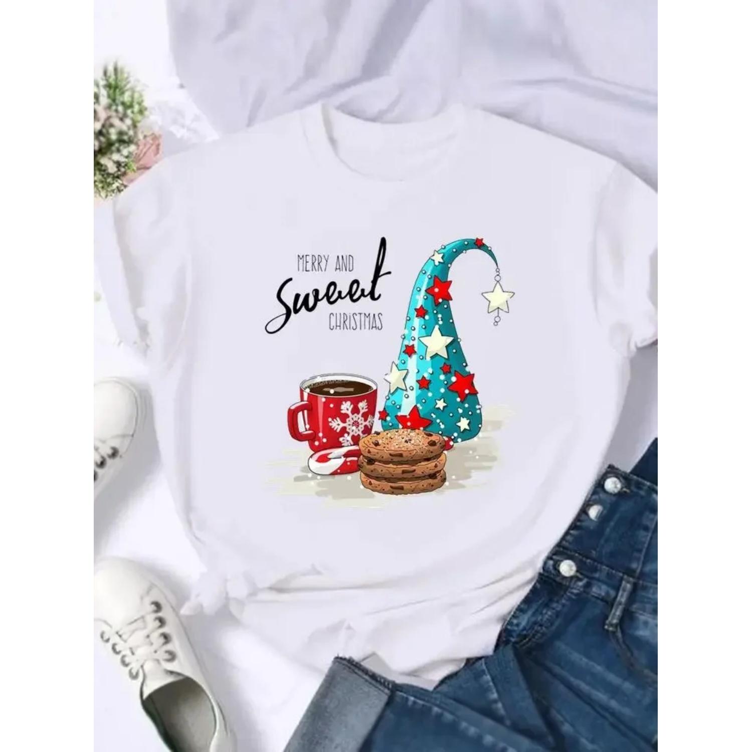 

Fashion Female Print T Top Merry Christmas New Year Holiday Graphic Tee Women Shirt Clothing T-shirts XXXXXL білий