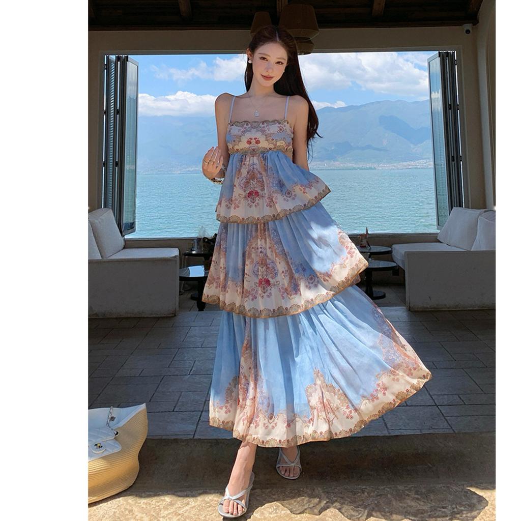 French Romantic Style Blue Floral Spaghetti-Strap Long Dress for Women Summer Korean-Style Tiered Slimming VacationBeach Dress