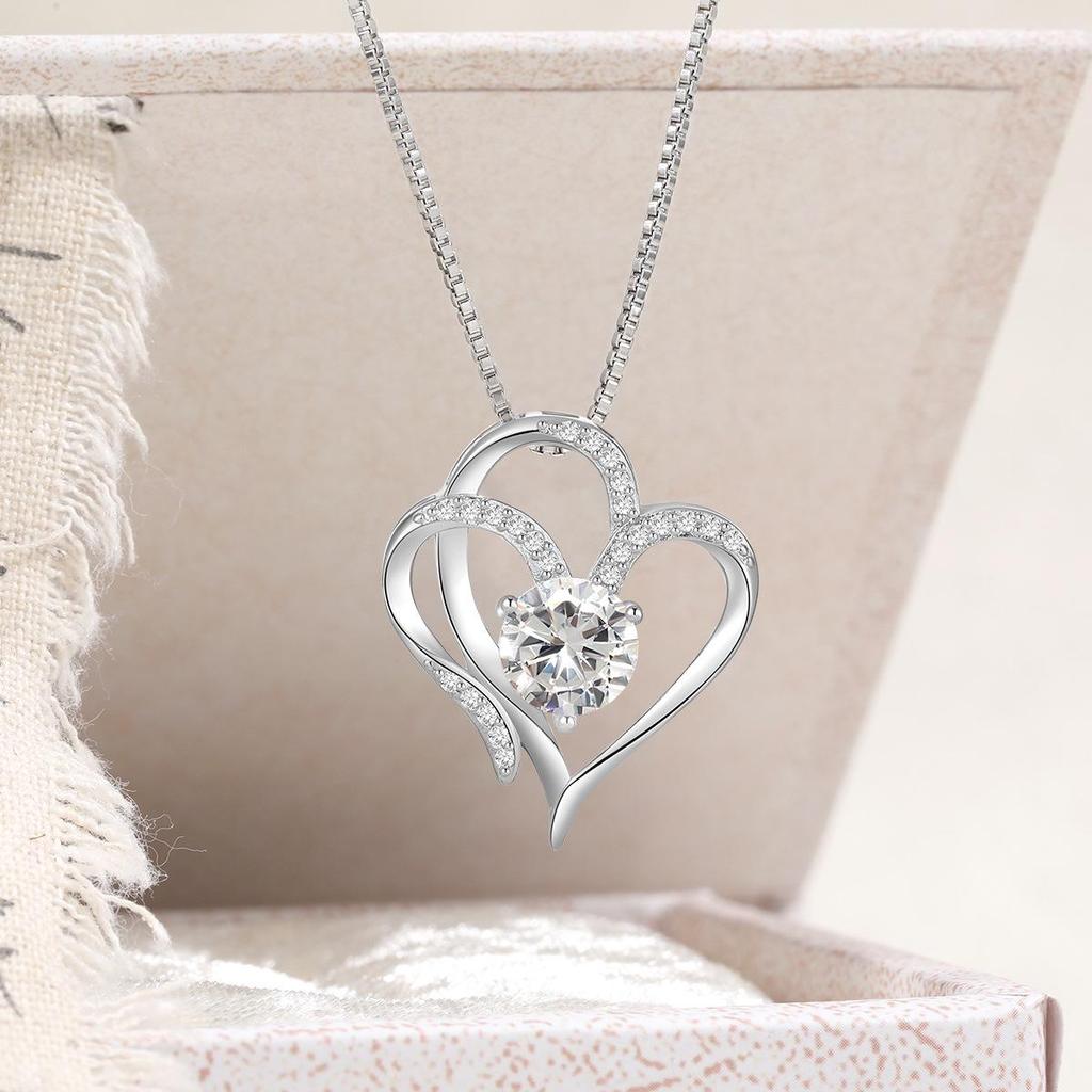 Elegant Double Heart Pendant Necklace with Colored Zirconia