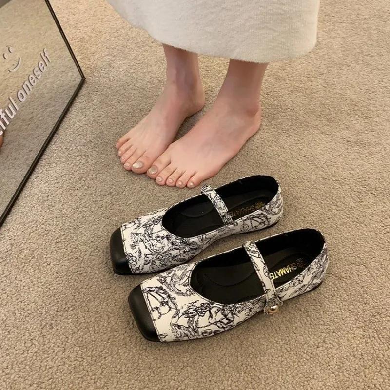 Fashion Ladies Footwear Printing Black Mary Jane With Heel Non Slip Vacation High Quality Fashion Lastest Shoe Y2k 39 Women's Flat Shoes