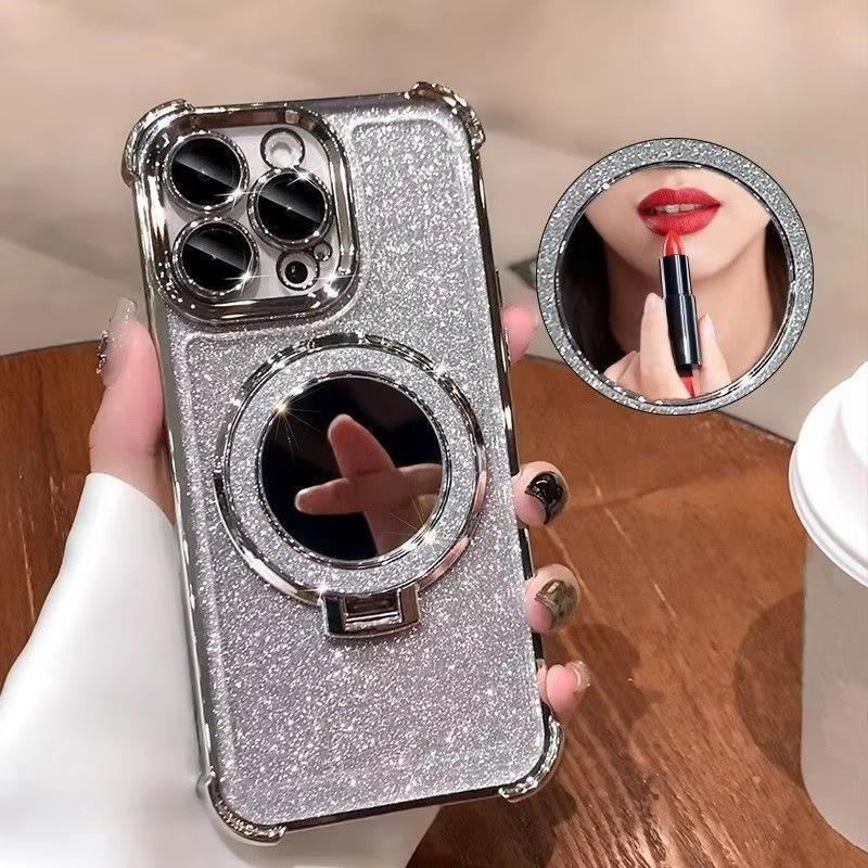 For iPhone 18 17 16 15 14 Pro Max Series Bling Glitter Mirror Kickstand Full Lens Protect Phone Case