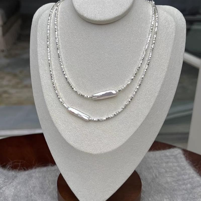 Alien-shaped Freshwater Pearl Small Silver Strip Pearl Necklace, Silver-plated Broken Silver, Luxury Casual Collar Chain