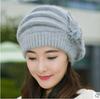 Damen Baskenmütze im koreanischen Stil mit Blumenmuster aus Wolle - Warme Strickmütze aus Kaninchenhaar für Herbst/Winter