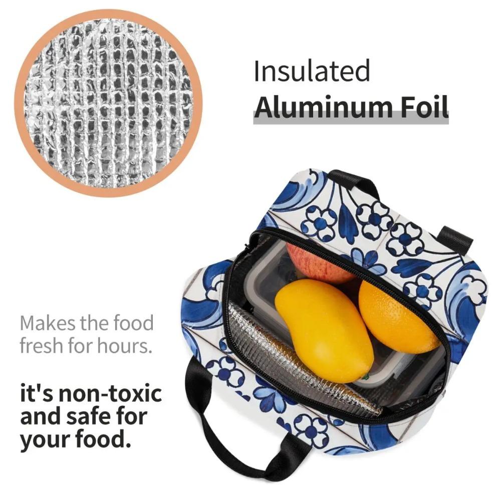 Antique Classic Lisbon Blue Azulejo Tile Floral Pattern Insulated Lunch Bag for Kids School Cooler Thermal Food Box TotePortable