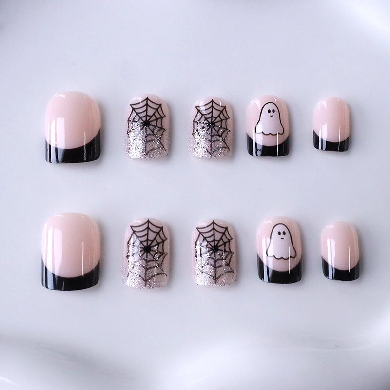 Nagelkunst Europees En Amerikaans Schattige Halloween Glitter Spinnenweb Franse Korte Vierkante Draagbare Armor