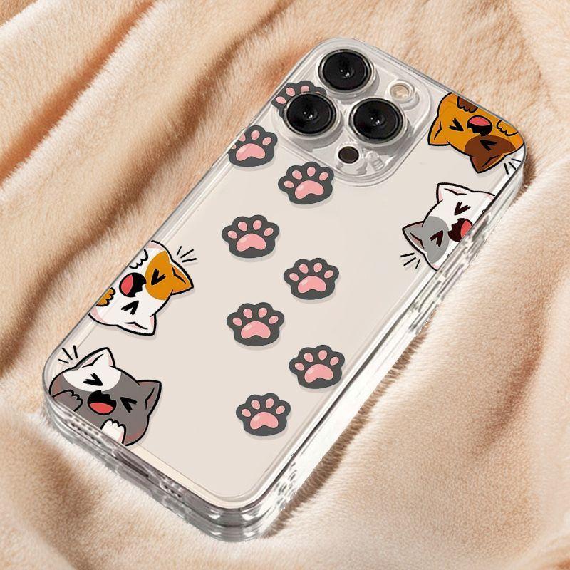 Cartoon Cats and Paw Prints Pattern Phone Case for iPhone 17 16 15 14 13 12 11 16E Series Pro Max Plus Double Layer Protection